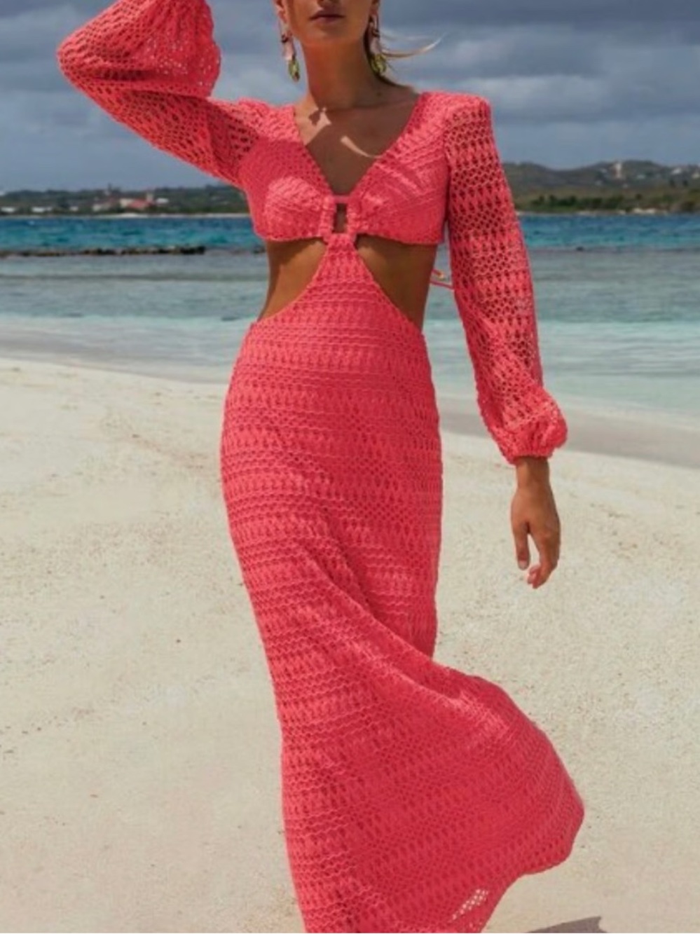 PatBO Resort Crochet Cutout Maxi Dress Coral Size 6
